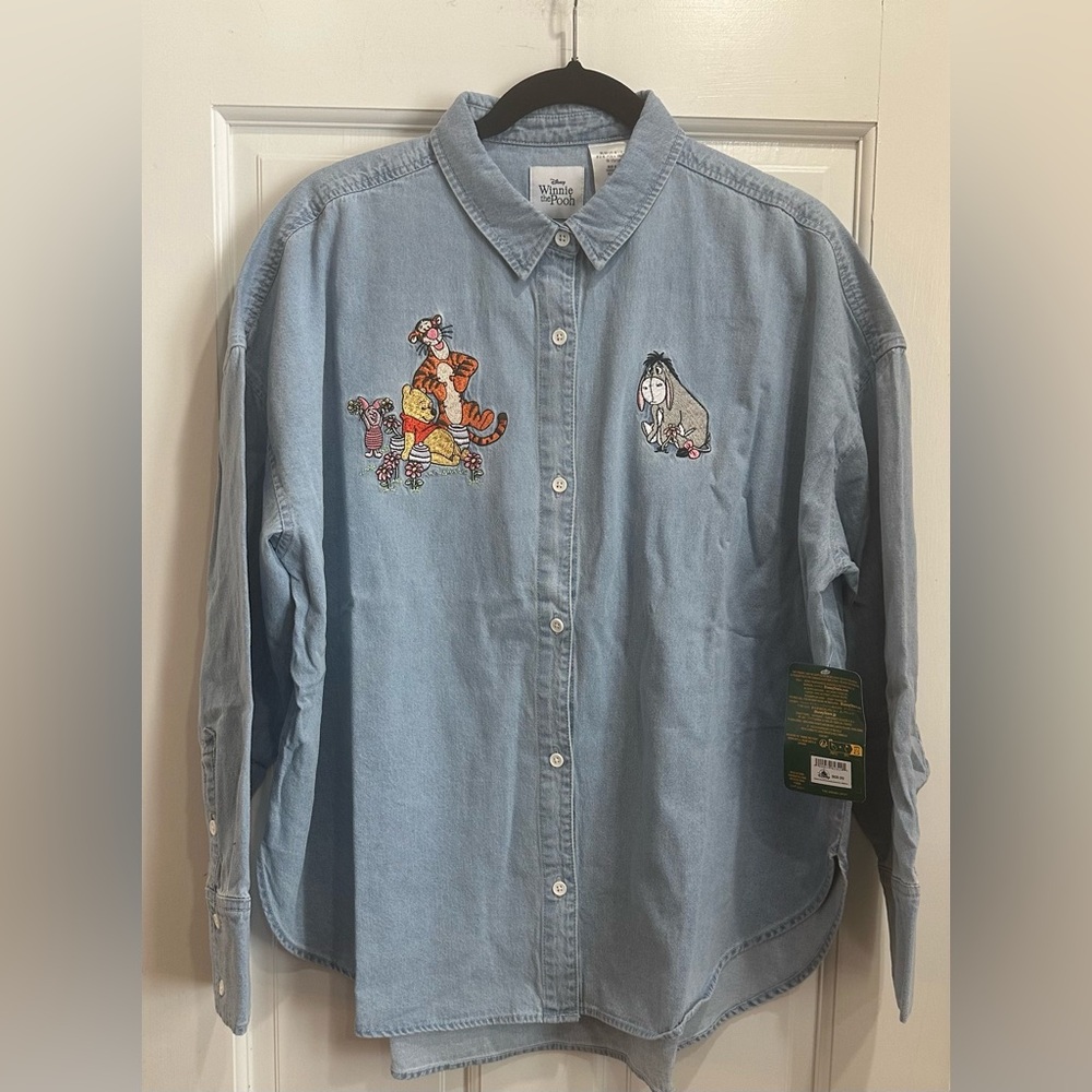 NEW Disney Shirt Womens Large Winnie the Pooh Eeyore Denim Long Sleeve Parks - Picture 2 of 6